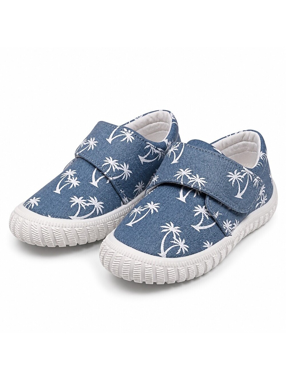 Blue Canvas Kids Shoes with White Palm Tree Print and Velcro Strap